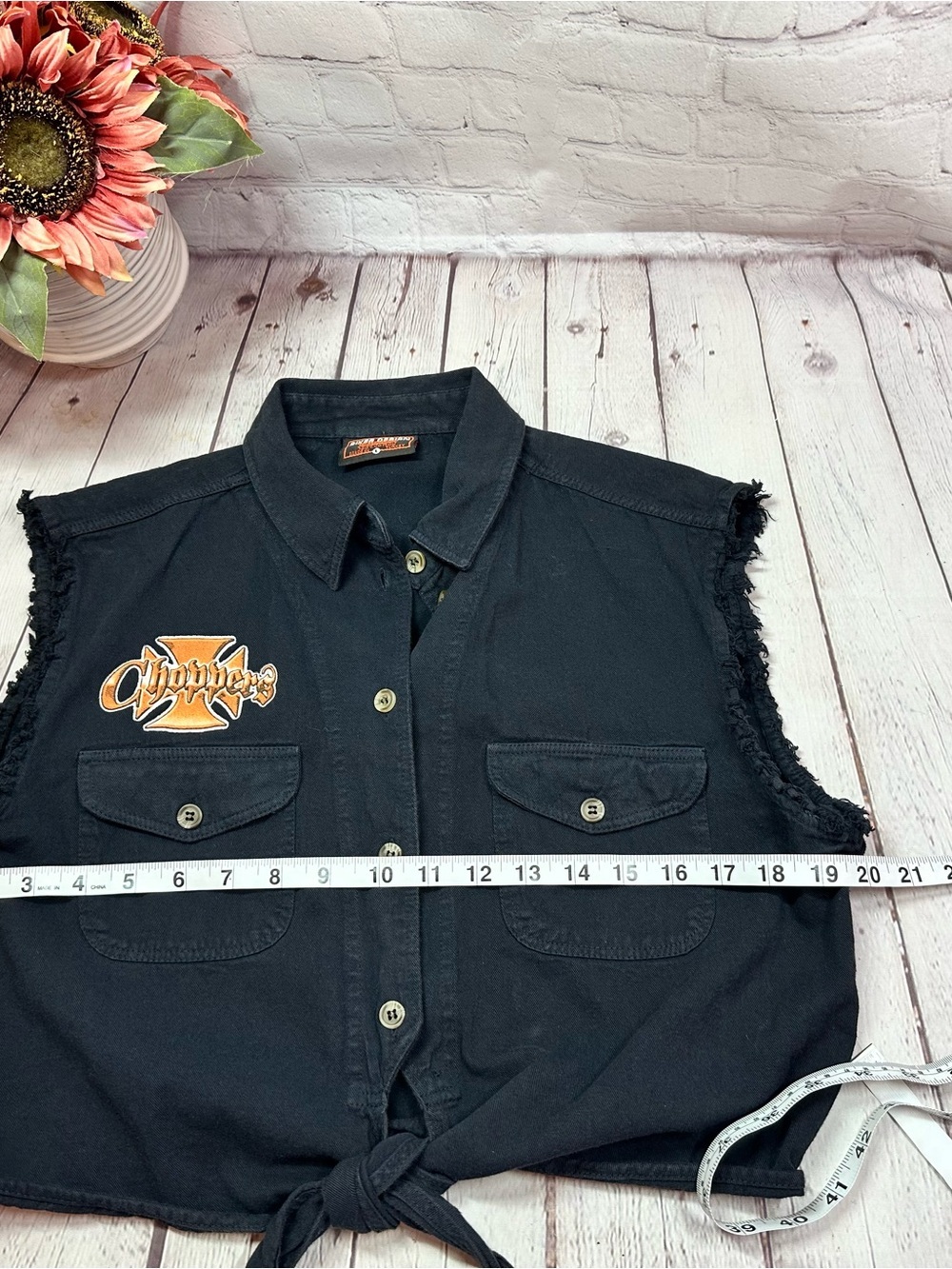 biker design Tie-Front Shirt women L choppers bikercore festival frayed hem logo - Picture 5 of 7
